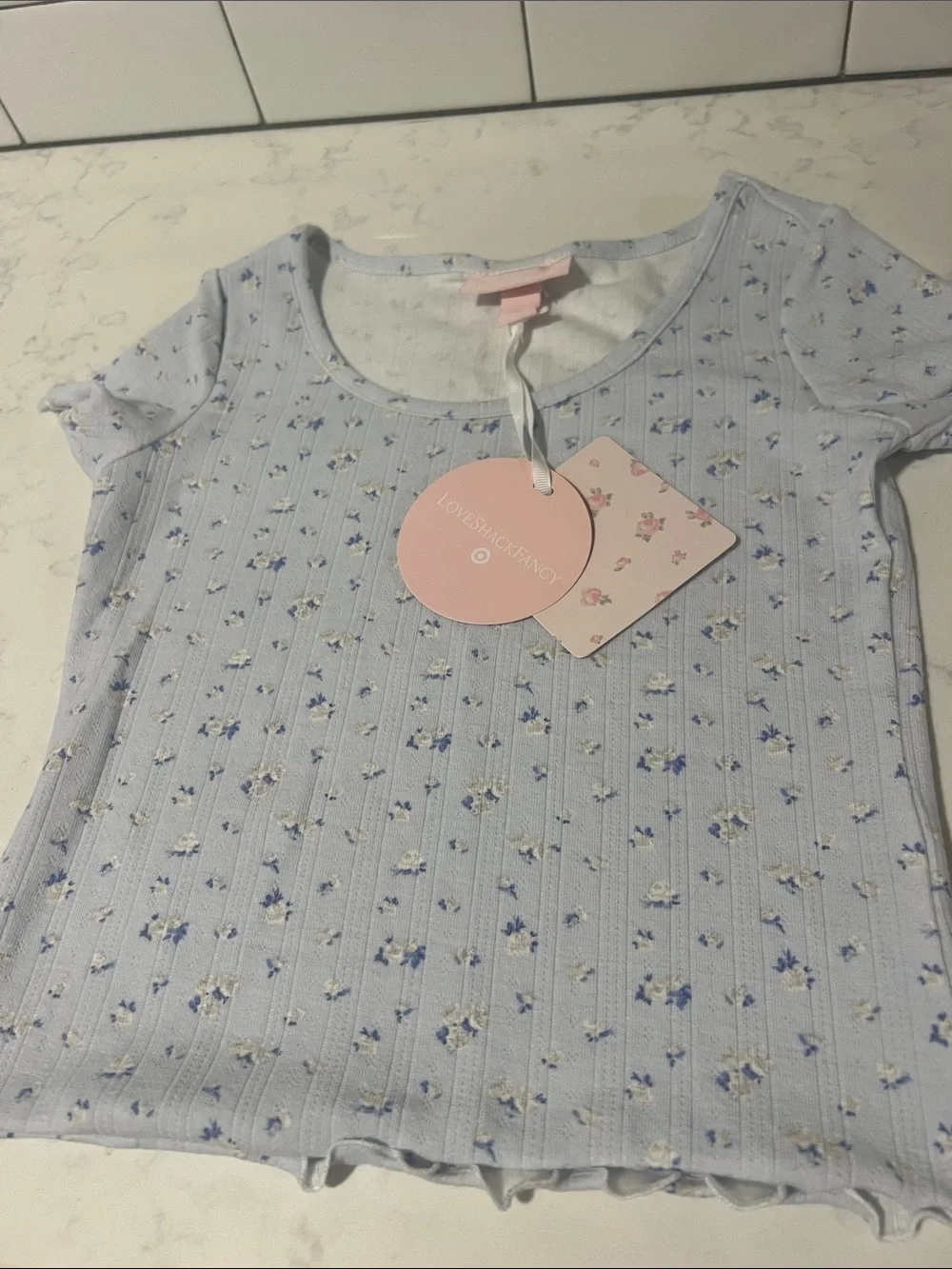 LoveShackFancy Pastel Blue Floral Ribbed Short Sleeve Kids Tee